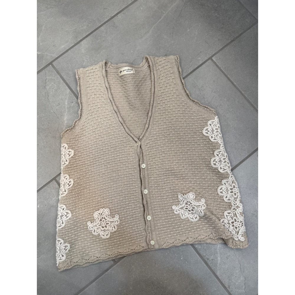 Yeva Story Beige Knit Sweater Vest Lace Crochet Button Front Sleeveless Cardigan
